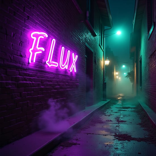 A photo of an old brick wall, dark night, gothic style, low light, with mist swirling around the alley. The word "FLUX" is painted on the wall in beautiful cursive font, using shades of purple, pink and green, neon color with a glow effect