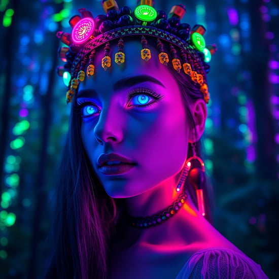 portrait | wide angle shot of eyes off to one side of frame, lucid dream-like woman, looking off in distance ::8 style | daydreampunk with glowing skin and eyes, styled in headdress, beautiful, she is dripping in neon lights, very colorful blue, green, purple, bioluminescent, glowing ::8 background | forest, vivid neon wonderland, particles, blue, green, purple ::7 parameters | rule of thirds, golden ratio, assymetric composition, hyper- maximalist, octane render, photorealism, cinematic realism, unreal engine, 8k