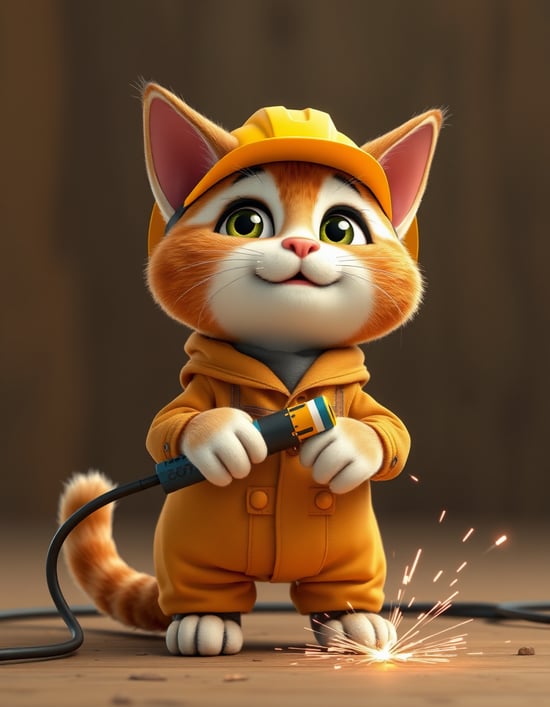 A cat stands anthropomorphiously, wearing a yellow helmet. Wearing work clothes, cutting with an electric welder, sparks, 3D cartoon Pixar style, HD
