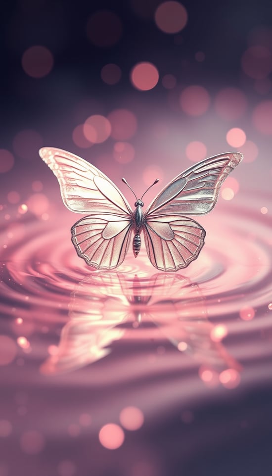 Metallic print of silver butterfly and water, in a glowing and dreamy scene style, light pink, flicker, Y2K aesthetics, soft dreamy depiction, glow of water, extraordinary dreams