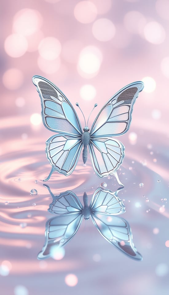 Metallic print of silver butterfly and water, in a glowing and dreamy scene style, light pink, flicker, Y2K aesthetics, soft dreamy depiction, glow of water, extraordinary dreams