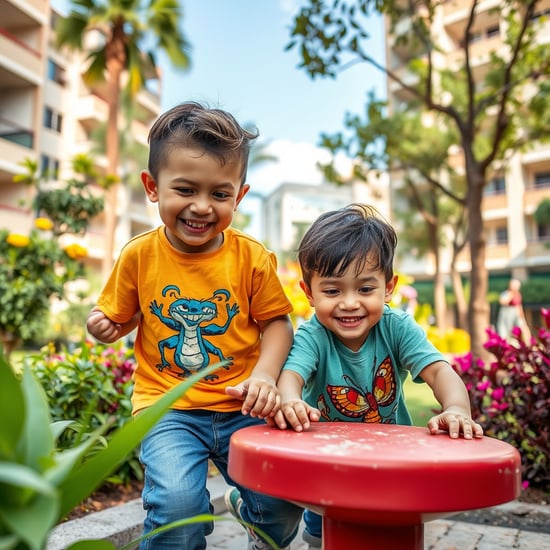 quiero una imagen de dos niños jugando en un jardín urbano. Uno de ellos tiene unos prismáticos. Tienen unos 6 años