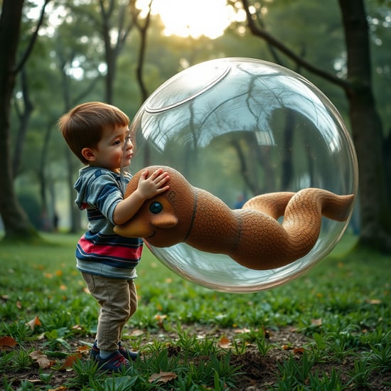 quiero una imagen realista de un niño sosteniendo un bicho bola gigante, con cara de esfuerzo porque pesa, pero también de satisfacción. El niño tiene unos 7 años. Es de rasgos españoles. Está en un entorno de parque
