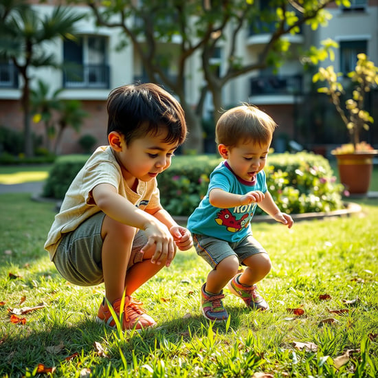 quiero una imagen de dos niños jugando en un jardín urbano. Uno de ellos tiene unos prismáticos. Tienen unos 6 años