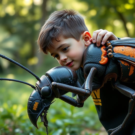 quiero una imagen realista de un niño sosteniendo un insecto gigante, con cara de esfuerzo porque pesa, pero también de satisfacción. El niño tiene unos 7 años. Es de rasgos españoles. Está en un entorno de parque
