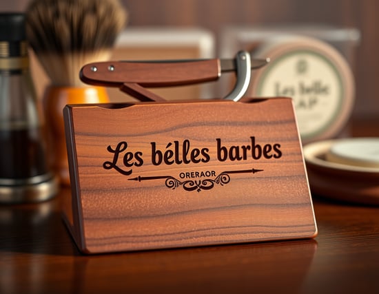 Realistic 3D mockup of a premium, solid wood razor stand featuring the 'Les belles barbes' logo engraved in a vintage style. The stand is crafted from a rich, dark wood with a natural, hand-finished appearance that conveys quality and craftsmanship.

The logo is prominently displayed on the front of the stand, using a timeless typographic treatment that has been carefully engraved into the wood. The engraving process creates a tactile, premium feel with slight imperfections that add to the rustic, handmade aesthetic.

The razor stand is designed to securely hold a straight razor or safety razor, with a slightly angled surface to ensure the blade is properly displayed. The wood grain is accentuated by warm, natural lighting that reflects off the surface.

Placed alongside other barbershop essentials like a brush and shaving soap, the razor stand establishes a sense of tradition and exclusivity that complements the 'Les belles barbes' brand identity.