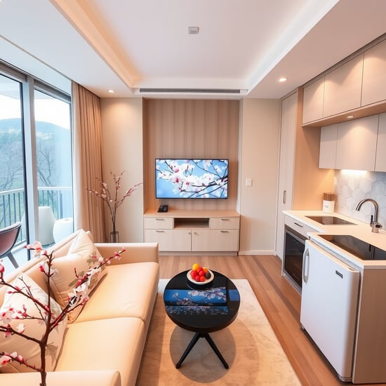 This photo showcases the living room and kitchenette of a suite in a hotel located in Puli, Taiwan, 
with a design that incorporates elements of spring cherry blossoms. 
The suite features modern furniture and uses soft pastel tones. 
The sofa is adorned with cherry blossom-patterned cushions, 
and fresh cherry blossom branches are placed beside the TV stand. 
The TV is playing footage of cherry blossoms in full bloom. 
The soft-colored kitchenette in the background has an induction stove and sink, 
with a cherry blossom-themed refrigerator nearby. 
A plate of exquisite fruit is placed on the kitchenette’s small bar counter. 
Outside the left floor-to-ceiling window is a cozy balcony, 
offering a view of Puli's beautiful forest scenery. 
The overall atmosphere is tranquil and inviting, perfectly capturing the essence of spring.
