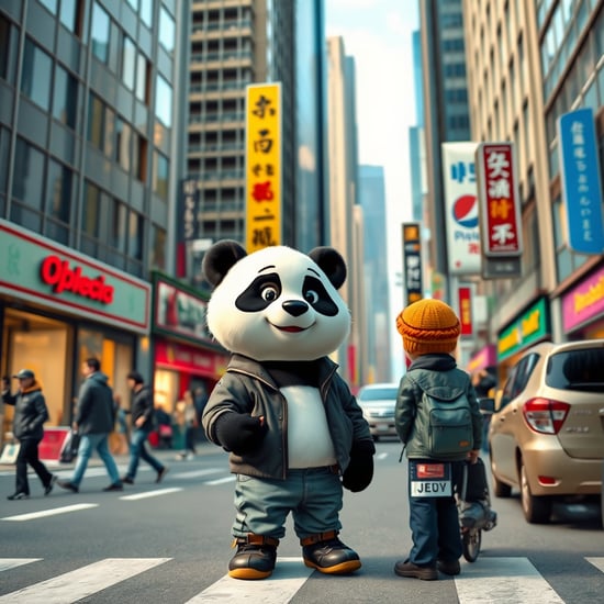 A cute panda humanoid character standing on a busy city street, asking for directions from another character, either human or animal. The panda is dressed in casual urban clothing, like a jacket and jeans. Surrounding the panda are tall buildings, colorful storefronts, and people and vehicles on the street. The scene is lively, capturing the energy of city life, with the panda cheerfully asking for directions."