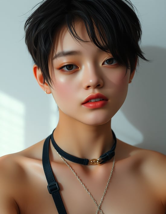 soft shadows,masterpiece, absurdres, best quality,korean, uncensored, beautiful eye, nsfw, completely nude, short hair, tomboy, collar, leash, 