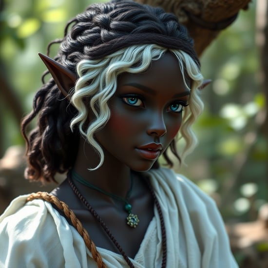 Elf girl, black skin, realistic style, pointed ears, short white curly hair, dressed in a white chiton, in full growth, forest