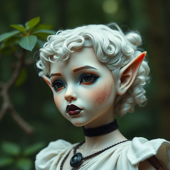 Elf girl, altushka,black painted lips, realistic style, pointed ears, short white curly hair, dressed in a white chiton, in full growth, forest