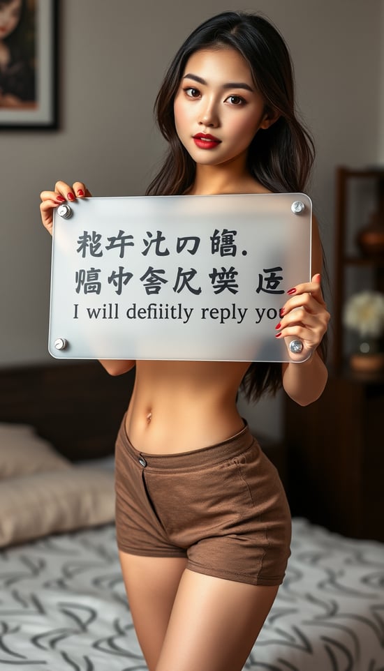 Beautiful young Chinese woman holding a clear acrylic board with the words "If you follow me, I will definitely reply to you.", slim, hourglass figure, sexy home casual clothing, beautiful detailed face, dark hair, pale skin, fair skin, realistic skin, detailed cloth texture, detailed hair texture, perfect proportions, accurate, anatomically correct, highly detailed face and skin texture, female single bedroom, photorealistic, looking at viewer, Asian face, perfect anatomy