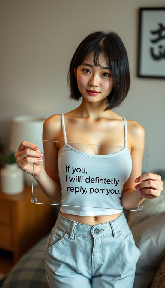 Beautiful young Chinese woman holding a clear acrylic board with the words "If you follow me, I will definitely reply to you.", slim, hourglass figure, sexy home casual clothing, beautiful detailed face, dark hair, pale skin, fair skin, realistic skin, detailed cloth texture, detailed hair texture, perfect proportions, accurate, anatomically correct, highly detailed face and skin texture, female single bedroom, photorealistic, looking at viewer, Asian face, perfect anatomy