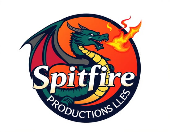 please design a colourful company logo for
Spitfire Productions Ltd, with a dragon spitting fire in a circular background