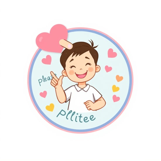 "Design a round badge for a 6-year-old primary school student, focusing on politeness and character development. The badge should feature a smiling child demonstrating good manners, with simple polite words like 'please' or 'thank you'. Around the child, show a guiding hand symbolizing education and virtue, pointing towards the child. Surround the badge with heart shapes, representing love and kindness. Use soft colors like light blue, pink, and yellow to create a friendly, positive atmosphere."