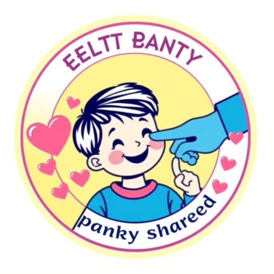 "Design a round badge for a 6-year-old primary school student, focusing on politeness and character development. The badge should feature a smiling child demonstrating good manners, with simple polite words like 'please' or 'thank you'. Around the child, show a guiding hand symbolizing education and virtue, pointing towards the child. Surround the badge with heart shapes, representing love and kindness. Use soft colors like light blue, pink, and yellow to create a friendly, positive atmosphere."