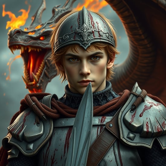 A young knight in the Middle Ages has a resolute gaze, wearing blood-stained armor, with a fire-breathing dragon in the background