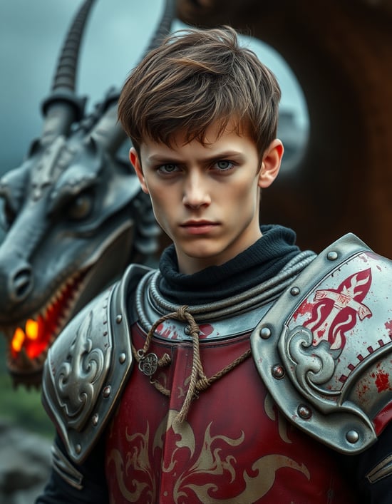 A young knight in the Middle Ages has a resolute gaze, wearing blood-stained armor, with a fire-breathing dragon in the background into English is "full body photo