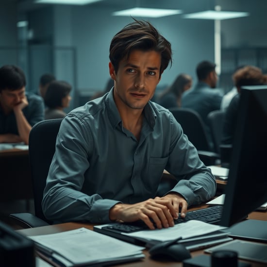 (Medium shot) The protagonist sits at a desk in a quiet office environment. Colleagues around him engage in soft conversations or work silently. The protagonist types on the keyboard with a calm but slightly contemplative expression. The desk is cluttered with documents and a computer. The lighting is soft, creating a quiet and somewhat dreary atmosphere.