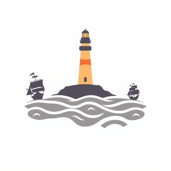 Generate a simple, warm logo: a lighthouse shines from above, with several ships scattered in different directions. The ships represent children navigating their own paths under the school's care and guidance. Each ship symbolizes a unique child, with the lighthouse's light providing hope and direction.