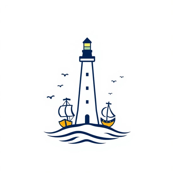 Generate a simple, warm logo: a lighthouse shines from above, with several ships scattered in different directions. The ships represent children navigating their own paths under the school's care and guidance. Each ship symbolizes a unique child, with the lighthouse's light providing hope and direction.