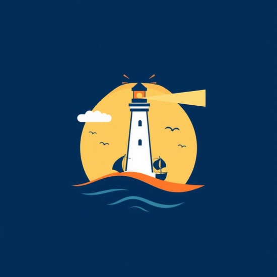 Generate a simple, warm logo: a lighthouse shines from above, with several ships scattered in different directions. The ships represent children navigating their own paths under the school's care and guidance. Each ship symbolizes a unique child, with the lighthouse's light providing hope and direction.