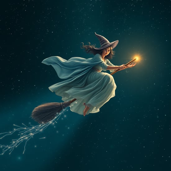 "Mystical sorceress flying on a broomstick under a starry night sky, ethereal glow surrounding her, flowing magical robes billowing in the wind, enchanting expression with eyes sparkling with magic, leaving a trail of sparkling magic dust, constellations visible in the deep night sky, (fantasy:1.3), (starry sky:1.2), (dynamic flight:1.4), (mystical atmosphere:1.5), (whimsical:1.1), 4K resolution, high-detail, vivid colors, dramatic lighting, avoiding nsfw content, modern elements, and any visual noise or distortion."