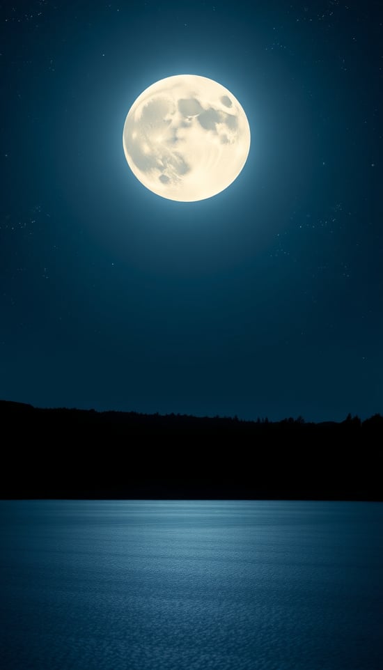 Stunning full moon with luminous moonlight casting a serene glow over a tranquil landscape, under a clear night sky adorned with crisp stars, (moonlit:1.3), (night serenity:1.2), (celestial beauty:1.4), 4K resolution, high-detail, vibrant colors, dynamic composition, elegant and timeless, avoiding urban elements, daylight, artificial lights, and any low-quality visual artifacts.