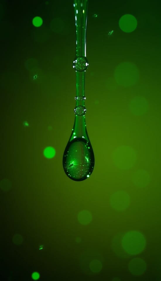 Microscopic photograph of mites caught in a drop of water, green colored sparks raining from above across a gradient background, brightly shining sparks, emitting green light, shallow depth of field volumetric lighting, cinematic, intricate detail, ultra-realistic