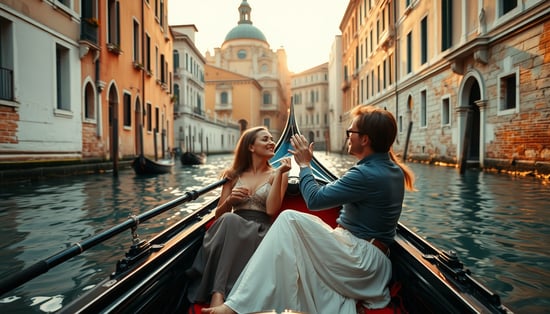 A high-definition photograph captures a romantic gondola scene in Venice, with a young couple playfully interacting, surrounded by charming historic buildings, soft golden light reflecting on the water.