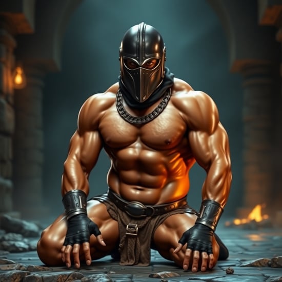 huge Muscle,young man,dungeon in the background,
Bronze Skin,black Latex,no Shoes,
full Mask,
Collar,Armor,topless,fingerless_gloves,
Kneel down,chest out,hand_down,