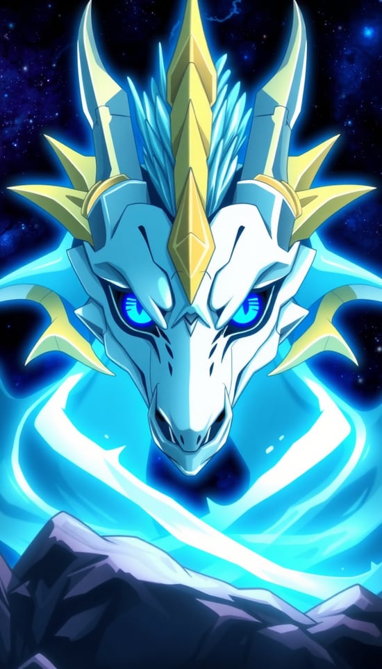 Crie uma imagem realista do dragão branco de olhos azuis do anime YuGiOh 