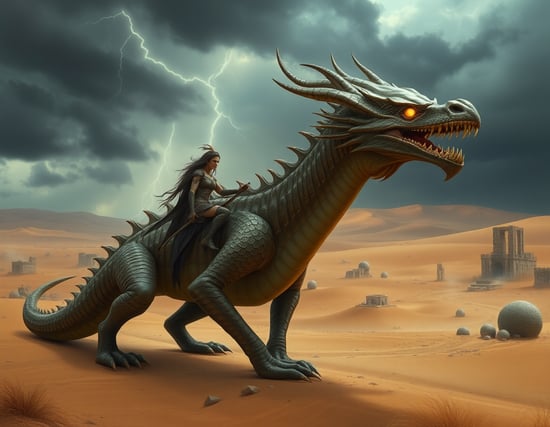 mythical creature in a desert-like environment with ancient ruins. The creature appears to be a dragon-like creature with a long, slender body and sharp claws. It has a large head with sharp teeth and a pointed snout. Its body is covered in scales. The dragon's eyes are glowing yellow and its mouth is open, revealing sharp teeth, a warrior woman is riding the creature. The background is a vast expanse of sand dunes and a dark, lighting and stormy  sky.