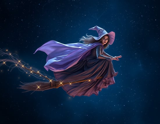 "Mystical sorceress flying on a broomstick under a starry night sky, ethereal glow surrounding her, flowing magical robes billowing in the wind, enchanting expression with eyes sparkling with magic, leaving a trail of sparkling magic dust, constellations visible in the deep night sky, (fantasy:1.3), (starry sky:1.2), (dynamic flight:1.4), (mystical atmosphere:1.5), (whimsical:1.1), 4K resolution, high-detail, vivid colors, dramatic lighting, avoiding nsfw content, modern elements, and any visual noise or distortion."