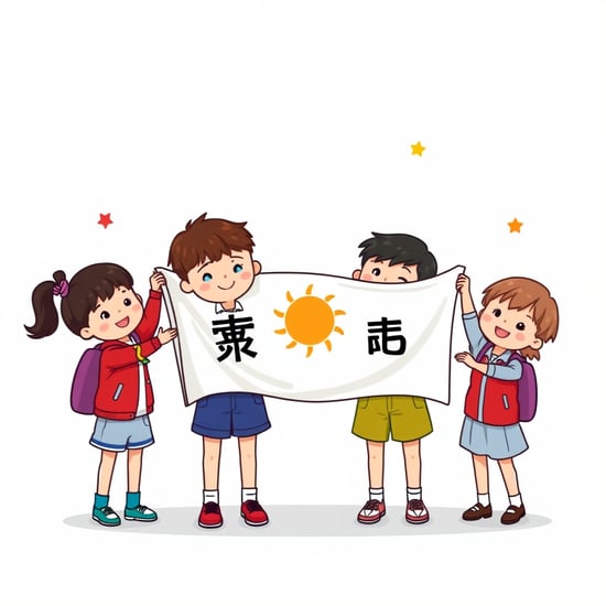 Please create a design featuring a group of elementary school students holding the national flag, with cute and childlike illustrations.
