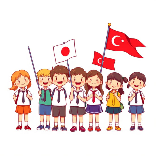 Please create a design featuring a group of elementary school students holding  flags, with cute and adorable cartoon characters.