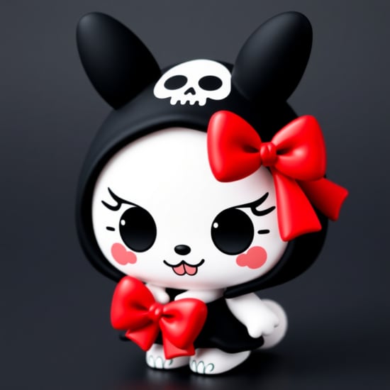 Kuromi is an adorable little troublemaker from the Sanrio universe! With her mischievous grin and iconic black hood with a skull design, this spunky bunny character loves to stir up fun wherever she goes. Her big red bow and pink skull add a pop of color to her mostly black and white design.