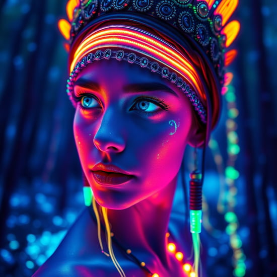 portrait | wide angle shot of eyes off to one side of frame, lucid dream-like woman, looking off in distance ::8 style | daydreampunk with glowing skin and eyes, styled in headdress, beautiful, she is dripping in neon lights, very colorful blue, green, purple, bioluminescent, glowing ::8 background | forest, vivid neon wonderland, particles, blue, green, purple ::7 parameters | rule of thirds, golden ratio, assymetric composition, hyper- maximalist, octane render, photorealism, cinematic realism, unreal engine, 8k