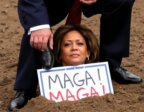 Donald Trump is standing on Kamala Harris. His right foot presses against her face, shoving it further down into the mud. There is a sign in the ground that clearly reads: “ MAGA!”