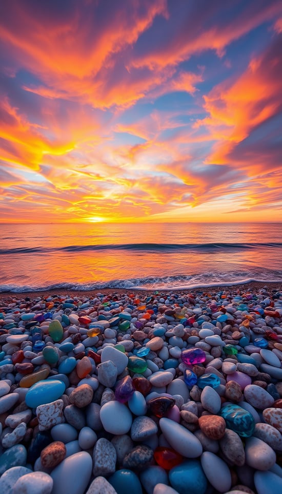 A breathtaking sunset over a calm ocean with vivid colors in the sky. The sky is filled with swirling clouds in shades of orange, pink, purple, and blue as the sun dips below the horizon. In the foreground, the beach is covered with smooth, colorful stones and pebbles, including translucent blue, white, and vibrant multi-colored glass stones that shimmer under the sunset light. The waves gently lap the shore, reflecting the brilliant sky colors in the water. The entire scene feels serene, magical, and slightly surreal.