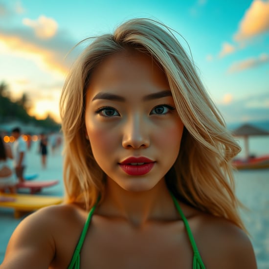 Create a photo realistic picture of a blonde woman's face seen from up close. She is Thai so her black hair is died blonde. We can see part of her top green bikini. The background is a Thai beach around 19h30 in summer. 