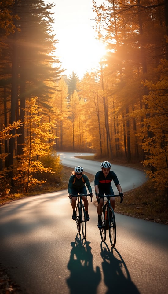 two cyclists riding on a winding road through a forest during autumn. The scene is beautifully lit with golden sunlight filtering through the trees, casting a warm glow on the surroundings. The road curves gently as it disappears into the distance, flanked by tall trees with vibrant yellow and orange foliage, indicating the fall season. The cyclists are dressed in athletic gear, helmets on, and riding sleek road bikes. The overall mood is serene and adventurous, with the cyclists immersed in nature and the beauty of the autumn landscape.