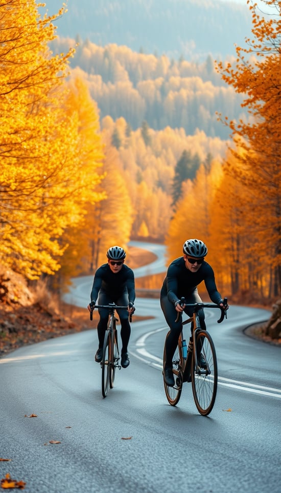 two cyclists riding on titanium road bikes along a winding mountain road. The shiny frames of the titanium bicycles reflect the soft autumn light, giving them a subtle metallic sheen. These lightweight bikes blend seamlessly with the dynamic movement of the riders, who are dressed in dark cycling gear and helmets, cutting through the cool autumn air.

The cyclists, though central to the action, occupy a small part of the overall scene. The true focus remains on the expansive forest, ablaze with golden and orange hues of autumn. The towering trees, their branches full of vibrant leaves, frame the road as it snakes through the landscape. The glistening wet road, covered with a few scattered fallen leaves, stretches into the distance, creating a serene yet adventurous atmosphere. The composition emphasizes the majesty of the natural world, with the cyclists and their titanium bikes being small but significant parts of the journey through the tranquil autumn landscape.