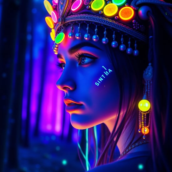 portrait | wide angle shot of eyes off to one side of frame, lucid dream-like woman, looking off in distance ::8 style | daydreampunk with glowing skin and eyes, styled in headdress, beautiful, she is dripping in neon lights, very colorful blue, green, purple, bioluminescent, glowing ::8 background | forest, vivid neon wonderland, particles, blue, green, purple ::7 parameters | rule of thirds, golden ratio, assymetric composition, hyper- maximalist, octane render, photorealism, cinematic realism, unreal engine, 8k