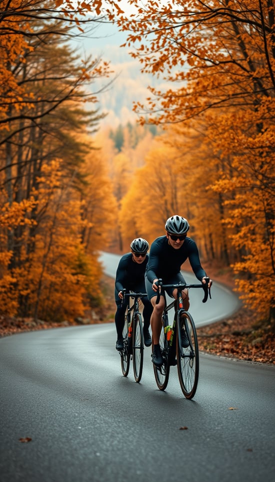 two cyclists riding on titanium road bikes along a winding mountain road. The shiny frames of the titanium bicycles reflect the soft autumn light, giving them a subtle metallic sheen. These lightweight bikes blend seamlessly with the dynamic movement of the riders, who are dressed in dark cycling gear and helmets, cutting through the cool autumn air.

The cyclists, though central to the action, occupy a small part of the overall scene. The true focus remains on the expansive forest, ablaze with golden and orange hues of autumn. The towering trees, their branches full of vibrant leaves, frame the road as it snakes through the landscape. The glistening wet road, covered with a few scattered fallen leaves, stretches into the distance, creating a serene yet adventurous atmosphere. The composition emphasizes the majesty of the natural world, with the cyclists and their titanium bikes being small but significant parts of the journey through the tranquil autumn landscape.