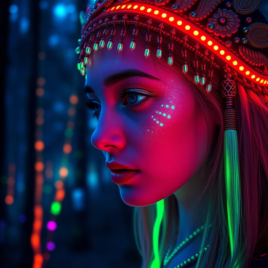 portrait | wide angle shot of eyes off to one side of frame, lucid dream-like woman, looking off in distance ::8 style | daydreampunk with glowing skin and eyes, styled in headdress, beautiful, she is dripping in neon lights, very colorful blue, green, purple, bioluminescent, glowing ::8 background | forest, vivid neon wonderland, particles, blue, green, purple ::7 parameters | rule of thirds, golden ratio, assymetric composition, hyper- maximalist, octane render, photorealism, cinematic realism, unreal engine, 8k