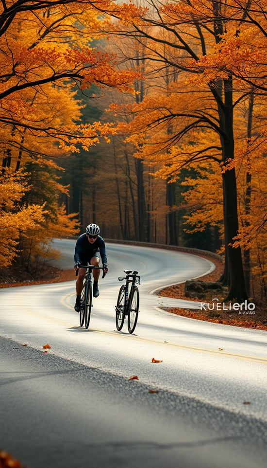 two cyclists riding on titanium road bikes along a winding mountain road. The shiny frames of the titanium bicycles reflect the soft autumn light, giving them a subtle metallic sheen. These lightweight bikes blend seamlessly with the dynamic movement of the riders, who are dressed in dark cycling gear and helmets, cutting through the cool autumn air.

The cyclists, though central to the action, occupy a small part of the overall scene. The true focus remains on the expansive forest, ablaze with golden and orange hues of autumn. The towering trees, their branches full of vibrant leaves, frame the road as it snakes through the landscape. The glistening wet road, covered with a few scattered fallen leaves, stretches into the distance, creating a serene yet adventurous atmosphere. The composition emphasizes the majesty of the natural world, with the cyclists and their titanium bikes being small but significant parts of the journey through the tranquil autumn landscape.