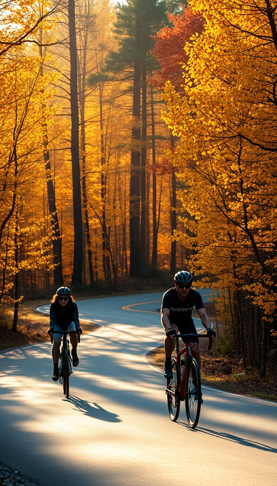 two cyclists riding on a winding road through a forest during autumn. The scene is beautifully lit with golden sunlight filtering through the trees, casting a warm glow on the surroundings. The road curves gently as it disappears into the distance, flanked by tall trees with vibrant yellow and orange foliage, indicating the fall season. The cyclists are dressed in athletic gear, helmets on, and riding sleek road bikes. The overall mood is serene and adventurous, with the cyclists immersed in nature and the beauty of the autumn landscape.