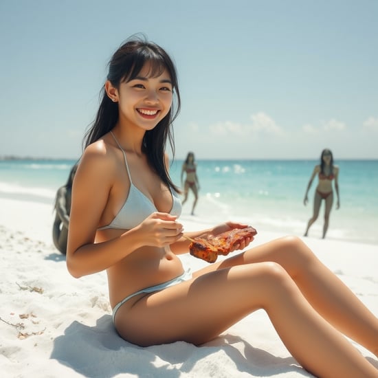 "A young, beautiful Japanese woman is sitting on a white sandy beach, smiling while wearing a bikini and enjoying grilled meat. Around her, a few female zombies can be seen in the background, looking eerie but not aggressive. The sun shines brightly overhead, and the beach scene is serene with gentle waves in the background. The woman appears happy and carefree, her smile radiant. The zombies are scattered, either sitting or standing, but they pose no threat to the woman. The overall atmosphere is cheerful and laid-back."
