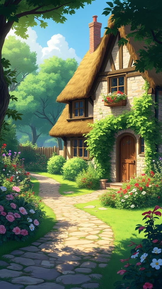 Create image inspired by a vibrant, tranquil garden scene from the cartoon style similar to Studio Ghibli films, characterized by its lush, detailed landscapes. The scene depicts an enchanting garden pathway leading towards a quaint cottage with exposed wooden beams and stone walls. The time appears to be early morning, as indicated by the soft, warm sunlight filtering through various trees, casting dappled light onto the scene.

The garden is rich with varying shades of green, and the ground is covered with a carpet of lush grass. Flowering plants and shrubs in hues of pink, red, and white border the pathway, adding vibrant splashes of color. The path itself is made of uneven stone tiles, suggesting a well-trodden yet charming walkway.

In the background beyond the path, the cottage stands two-stories high, with visible thatched roofing and multiple chimneys, implying a cozy, lived-in space. The windows are small with traditional lattices, adorned with flower boxes.

The atmosphere of this scene conveys a sense of peace and solitude, perfect for an artist interested in capturing the essence of a serene, natural setting with a focus on intricate details and color harmony.